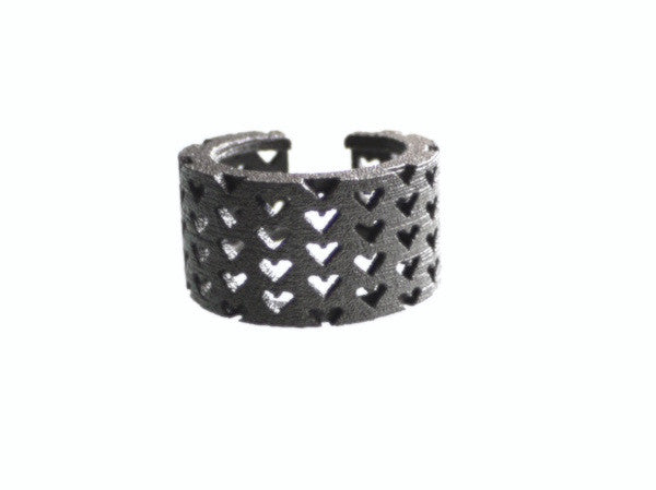 3D Printed Perforated Hearts Ring in Matte Dark Steel